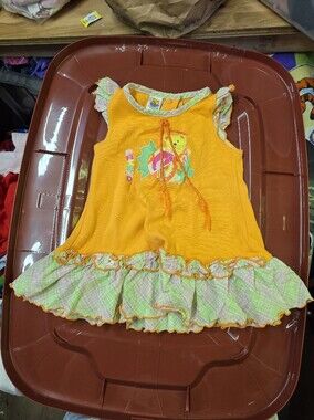 UNIF Girls Orange Sleeveless Ruffle Dress Top with Green Plaid Trim